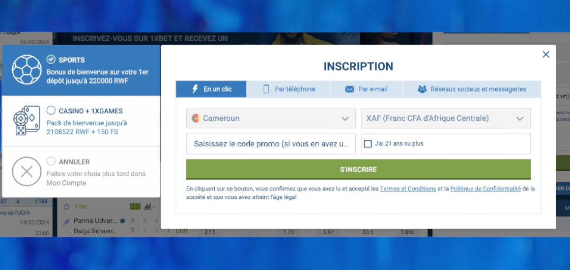 Comment s'inscrire sur 1xBet en 1 clic
